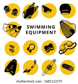 Swimming equipment icons. Competitive swimming and training hand-drawn illustration. Single color, simple style doodles. Swim shop branding, web design.