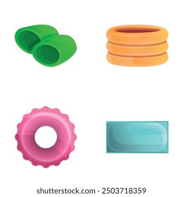 Swimming equipment icons set cartoon vector. Inflatable toy. Summer, water recreation