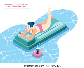 Swimming equipment isometric composition with woman lying on air bed in pool 3d vector illustration