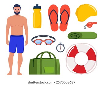 Swimming equipment for swimming training. Man in swimsuit. Swimsuit, goggles, flippers, swim cap, water bottle, towel, stopwatch, whistle sport bag Vector