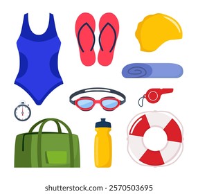 Swimming equipment for swimming training. Swimsuit, goggles, flippers, swim cap, water bottle, towel, stopwatch whistle sport bag Vector