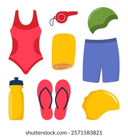 Swimming equipment for swimming training. Swimsuit, goggles, flippers, swim cap, water bottle, towel, stopwatch whistle sport bag Vector