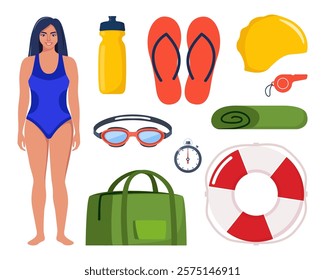 Swimming equipment for swimming training. Woman in swimsuit. Swimsuit, goggles, flippers, swim cap, water bottle, towel, stopwatch, whistle sport bag Vector