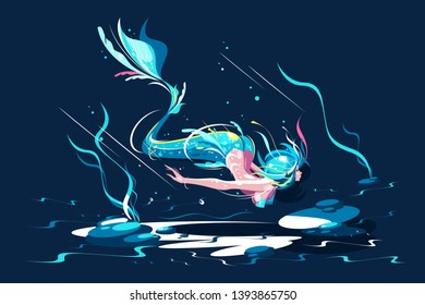 Swimming fairy mermaid vector illustration. Beautiful water nymph in seabed flat style concept. Nice myth creature in underwater depth ocean. Dark sea background