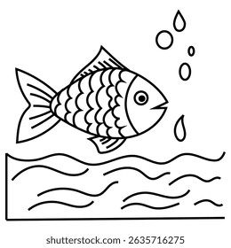 Swimming fish illustration. Water waves vector. Bubble trail detail. Ocean life symbol.