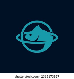 Swimming fish with planet logo design, planet orbit logo design template