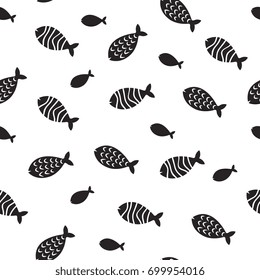 Swimming fish vector seamless pattern. Small silhouette fishes endless decoration. Monochrome fish pattern silhouette, seamless background underwater simple fish illustration