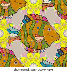 Swimming fishes cute pattern on yellow, neutral, green background. Scandinavian style. Fishes banner template. Cute fishes can be used as print for baby apparel, kids clothes, cards, packaging design.