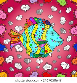 Swimming fishes cute pattern on red background. Fishes poster, banner template. Cute fishes can be used as print for baby apparel, t-shirts, kids clothes, cards, packaging design. Scandinavian style.