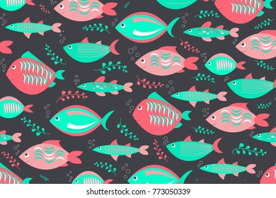 Swimming fishes cute pattern on black background. Fishes poster, banner template. Cute fishes can be used as print for baby apparel, t-shirts, kids clothes, cards, packaging design. Scandinavian style