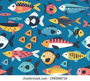 Swimming fishes seamless pattern. Sealife concept. Colorful hand drawn vector illustration on blue background.