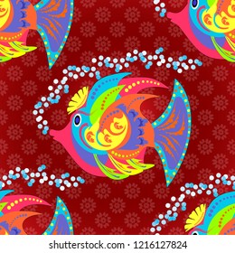 Swimming fishes vector seamless pattern in red, blue and violet colors. Fish background can be used as print for baby apparel, t-shirts, kids clothes, cards, packaging design.