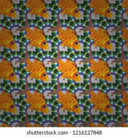 Swimming fishes vector seamless pattern in green, blue and yellow colors. Fish background can be used as print for baby apparel, t-shirts, kids clothes, cards, packaging design.