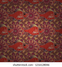 Swimming fishes vector seamless pattern in brown, purple and orange colors. Fish background can be used as print for baby apparel, t-shirts, kids clothes, cards, packaging design.
