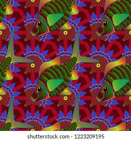 Swimming fishes vector seamless pattern in red, green and violet colors. Fish background can be used as print for baby apparel, t-shirts, kids clothes, cards, packaging design.