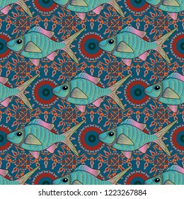 Swimming fishes vector seamless pattern in green, red and blue colors. Fish background can be used as print for baby apparel, t-shirts, kids clothes, cards, packaging design.