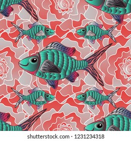 Swimming fishes vector seamless pattern in red, pink and gray colors. Fish background can be used as print for baby apparel, t-shirts, kids clothes, cards, packaging design.