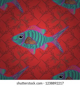 Swimming fishes vector seamless pattern in red, brown and blue colors. Fish background can be used as print for baby apparel, t-shirts, kids clothes, cards, packaging design.