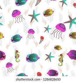 Swimming fishes vector seamless pattern in green, white and gray colors. Fish background can be used as print for baby apparel, t-shirts, kids clothes, cards, packaging design.