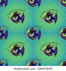 Swimming fishes vector seamless pattern in blue, brown and green colors. Fish background can be used as print for baby apparel, t-shirts, kids clothes, cards, packaging design.