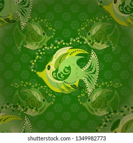 Swimming fishes vector seamless pattern in yellow, gray and green colors. Fish background can be used as print for baby apparel, t-shirts, kids clothes, cards, packaging design.