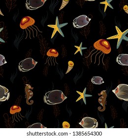 Swimming fishes vector seamless pattern in gray, brown and black colors. Fish background can be used as print for baby apparel, t-shirts, kids clothes, cards, packaging design.