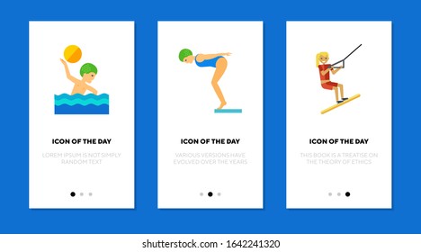 Swimming flat icon set. Water polo, diving, water skiing isolated sign pack. Water sports, aquatics concept. Vector illustration symbol elements for web design and apps