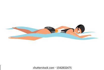 Swimming flat vector illustration. Extreme sports. Breaststroke swim style. Active lifestyle. Outdoor activities. Sportswoman in pool water isolated cartoon character on white background