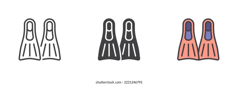 Swimming flippers different style icon set. Line, glyph and filled outline colorful version, outline and filled vector sign. Symbol, logo illustration. Vector graphics