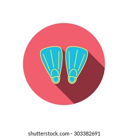 Swimming flippers icon. Diving sign symbol. Red flat circle button. Linear icon with shadow. Vector