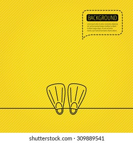 Swimming flippers icon. Diving sign symbol. Speech bubble of dotted line. Orange background. Vector