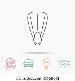 Swimming flippers icon. Diving sign symbol. Global connect network, ocean wave and burger icons. Lightbulb lamp symbol.