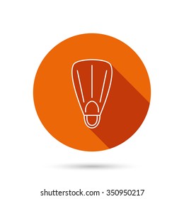 Swimming flippers icon. Diving sign symbol. Round orange web button with shadow.