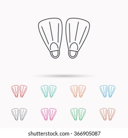 Swimming flippers icon. Diving sign symbol. Linear icons on white background.