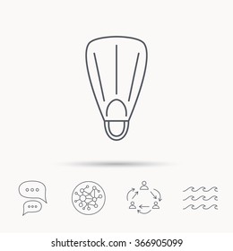 Swimming flippers icon. Diving sign symbol. Global connect network, ocean wave and chat dialog icons. Teamwork symbol.