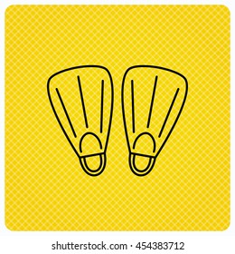 Swimming flippers icon. Diving sign symbol. Linear icon on orange background. Vector