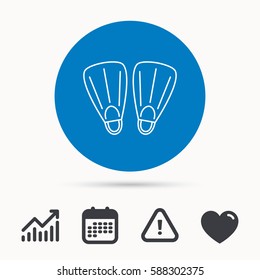 Swimming flippers icon. Diving sign symbol. Calendar, attention sign and growth chart. Button with web icon. Vector