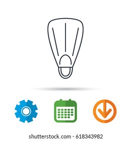 Swimming flippers icon. Diving sign symbol. Calendar, cogwheel and download arrow signs. Colored flat web icons. Vector