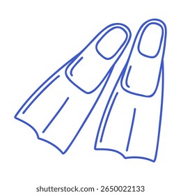 Swimming flippers in marine blue line art style. Hand drawn marine icon. Outline vector isolated illustration.