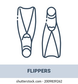 Swimming flippers outline monochrome icon with title. Concept of travel, summer vacation and rest. Vector monochrome illustrations isolated on white background.