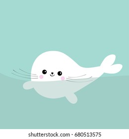 Swimming floating harp baby seal pup. Cute cartoon character. Happy baby animal collection. Sea ocean water. Blue background. Flat design Vector illustration