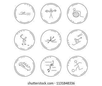 Swimming, football and skiing icons. Ice hockey, diving and gymnastics linear signs. Kayaking, weightlifting and bobsleigh icons. Linear Circles web buttons with icons. Vector