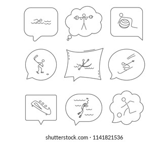 Swimming, football and skiing icons. Ice hockey, diving and gymnastics linear signs. Kayaking, weightlifting and bobsleigh icons. Linear Speech bubbles with icons set. Comic chat balloon. Vector