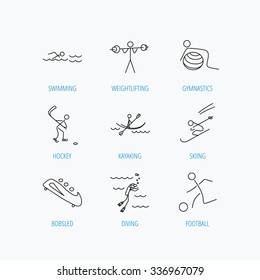 Swimming, football and skiing icons. Ice hockey, diving and gymnastics linear signs. Kayaking, weightlifting and bobsleigh icons. Linear set icons on white background.