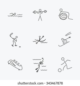 Swimming, football and skiing icons. Ice hockey, diving and gymnastics linear signs. Kayaking, weightlifting and bobsleigh icons. Linear black icons on white background.