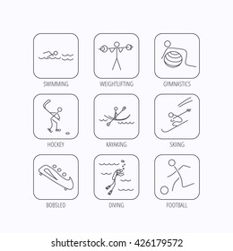 Swimming, football and skiing icons. Ice hockey, diving and gymnastics linear signs. Kayaking, weightlifting and bobsleigh icons. Flat linear icons in squares on white background. Vector