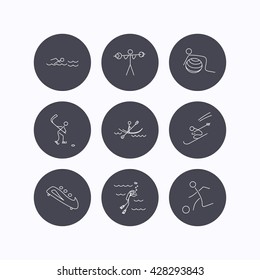 Swimming, football and skiing icons. Ice hockey, diving and gymnastics linear signs. Kayaking, weightlifting and bobsleigh icons. Flat icons in circle buttons on white background. Vector