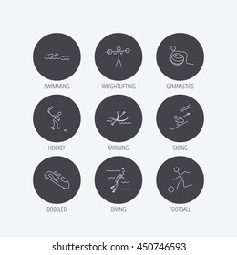 Swimming, football and skiing icons. Ice hockey, diving and gymnastics linear signs. Kayaking, weightlifting and bobsleigh icons. Linear icons in circle buttons. Flat web symbols. Vector