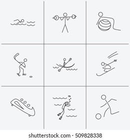 Swimming, football and skiing icons. Ice hockey, diving and gymnastics linear signs. Kayaking, weightlifting and bobsleigh icons. Linear icons on white background. Vector