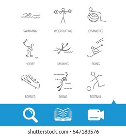 Swimming, football and skiing icons. Ice hockey, diving and gymnastics linear signs. Kayaking, weightlifting and bobsleigh icons. Video cam, book and magnifier search icons. Vector